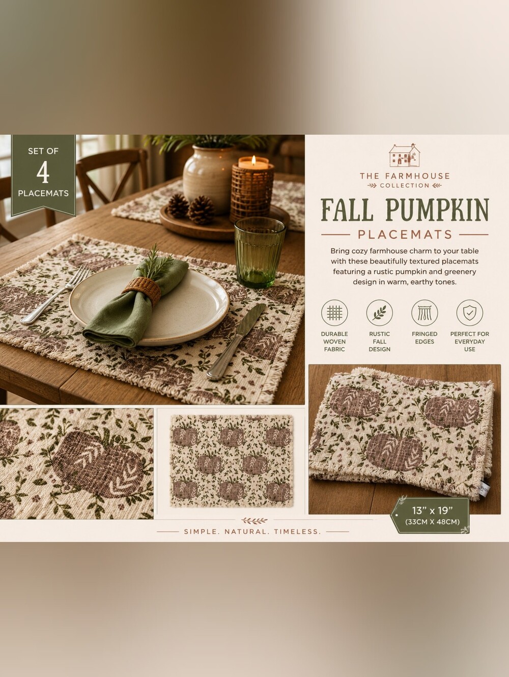 Fall Pumpkin Woven Placemat Set - Green and Brown